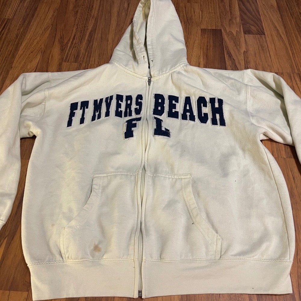 U.S. Apparel Ft Myers Beach FL Zip Up Hoodie Cream Mens Medium Florida Souvenir